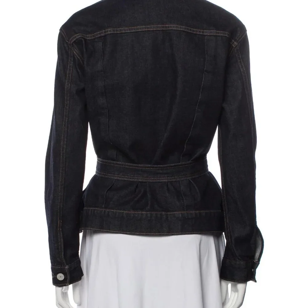 Trave Blue Pointed Collar Flap Pockets Button Closure Belted Denim Jacket Small - Picture 10 of 12